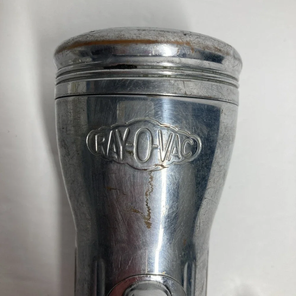 Vintage Rayovac Flash Light Silver Bullet Torpedo Style 8 in w/ extra Bulb FLAWS